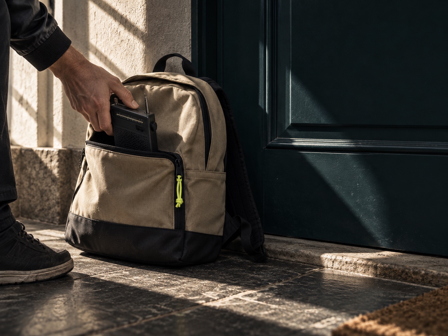 Imagem conceptual de uma pessoa a guardar um rádio numa mochila junto à porta de casa