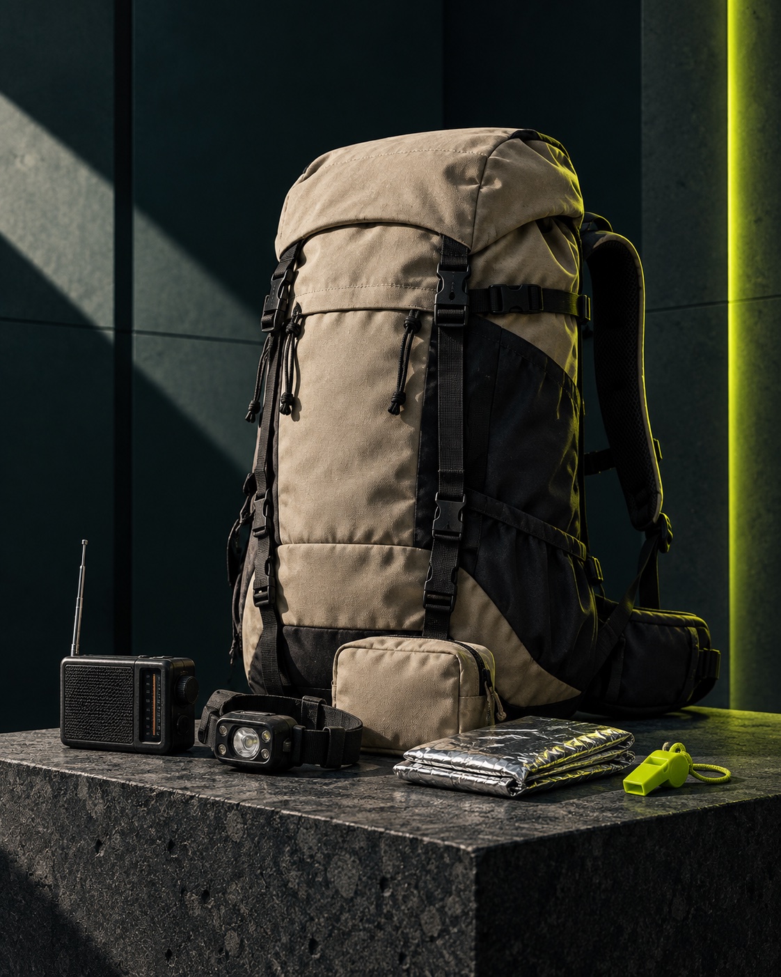 Imagem conceptual de uma mochila bege e preta, rádio, lanterna e outros artigos de preparação em fotografia de estúdio